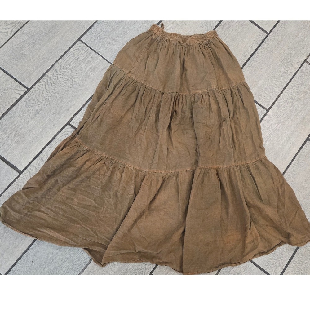 Brown Tiered Maxi Skirt Elastic Waist Boho Cottagecore Flowy Long Skirt